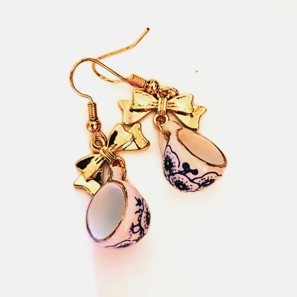 Gold and Blue Bow Porcelain Teacup Earrings